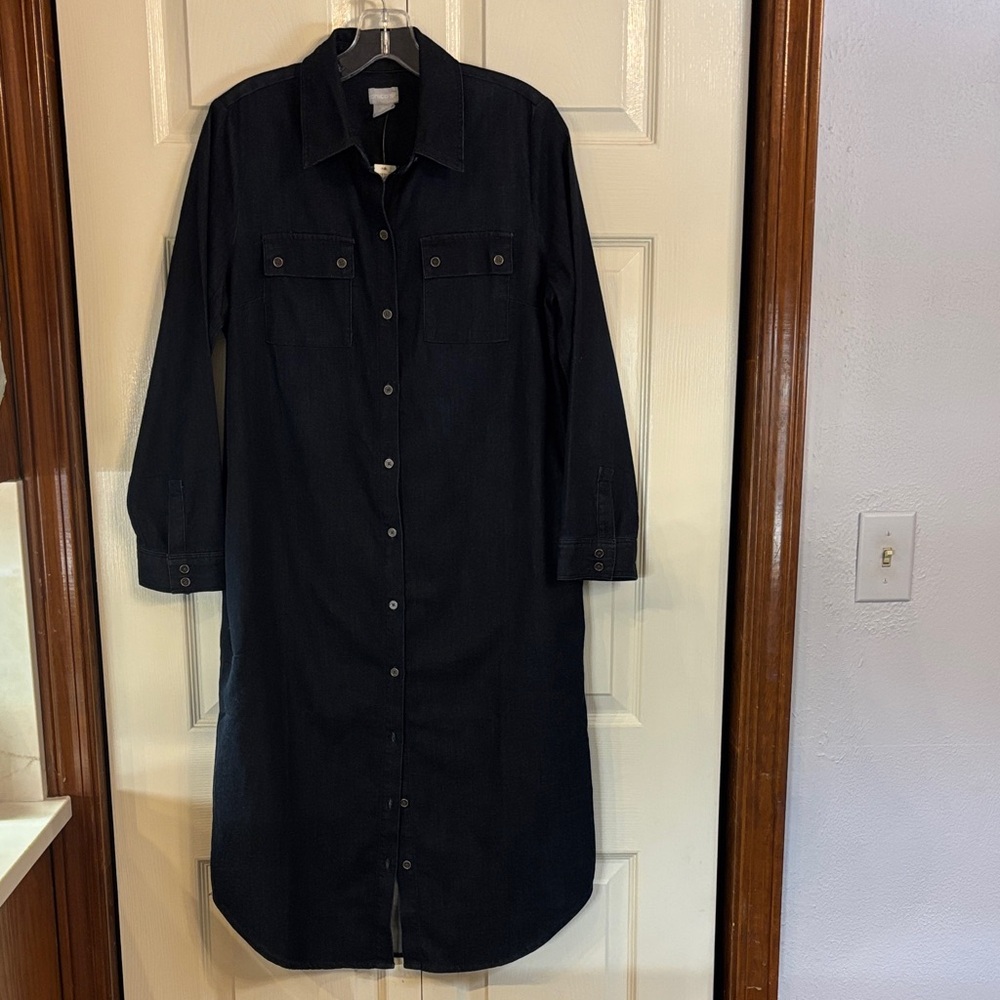 Denim Button-Front Long Shirt Dress